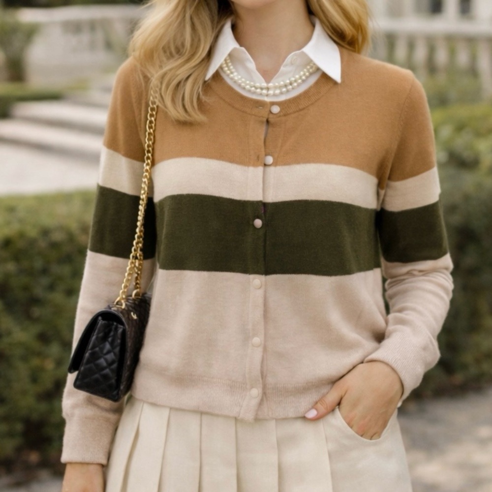 GAP BROWN BEIGE STRIPE CARDIGAN COTTON BLEND FINE KNIT LONG SLEEVE L NWT